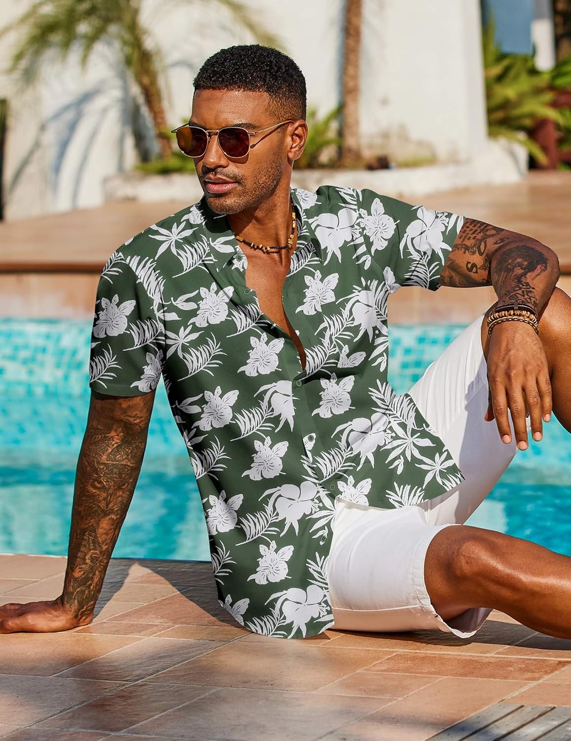 image:imageCOOFANDY Mens Hawaiian Shirt Short Sleeve Summer Button Down Shirts Tropical Vacation Beach Aloha Shirts with PocketGreen White Flower