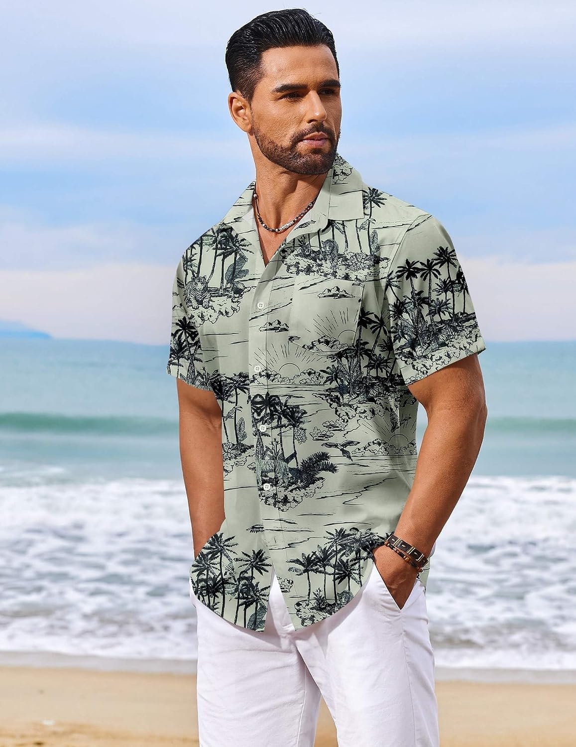 image:imageCOOFANDY Mens Hawaiian Shirt Short Sleeve Summer Button Down Shirts Tropical Vacation Beach Aloha Shirts with PocketLight Green Palm Tree