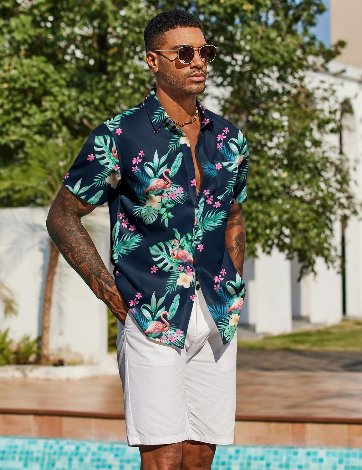 image:imageCOOFANDY Mens Hawaiian Shirt Short Sleeve Summer Button Down Shirts Tropical Vacation Beach Aloha Shirts with PocketNavy Flamingo