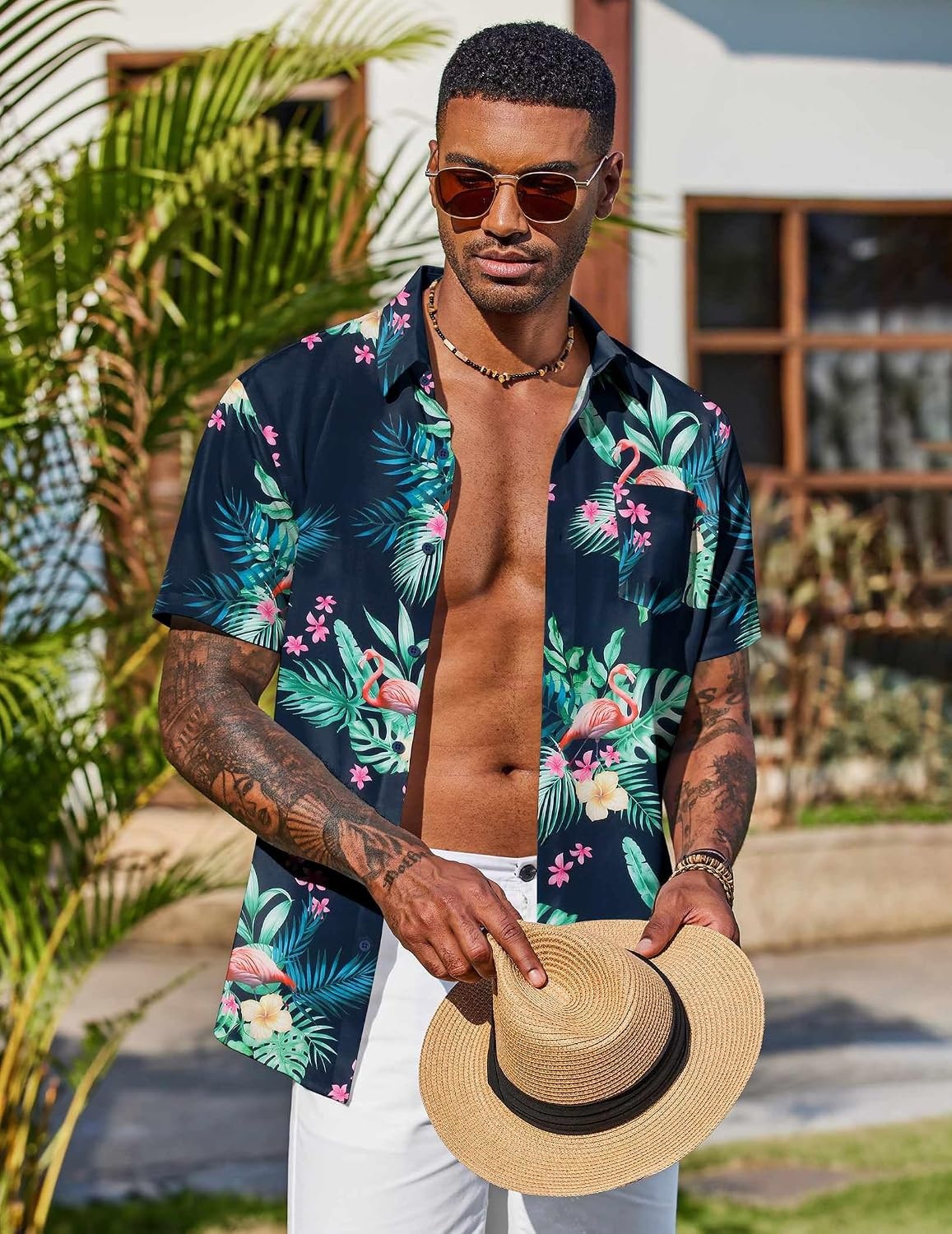 image:imageCOOFANDY Mens Hawaiian Shirt Short Sleeve Summer Button Down Shirts Tropical Vacation Beach Aloha Shirts with PocketNavy Flamingo
