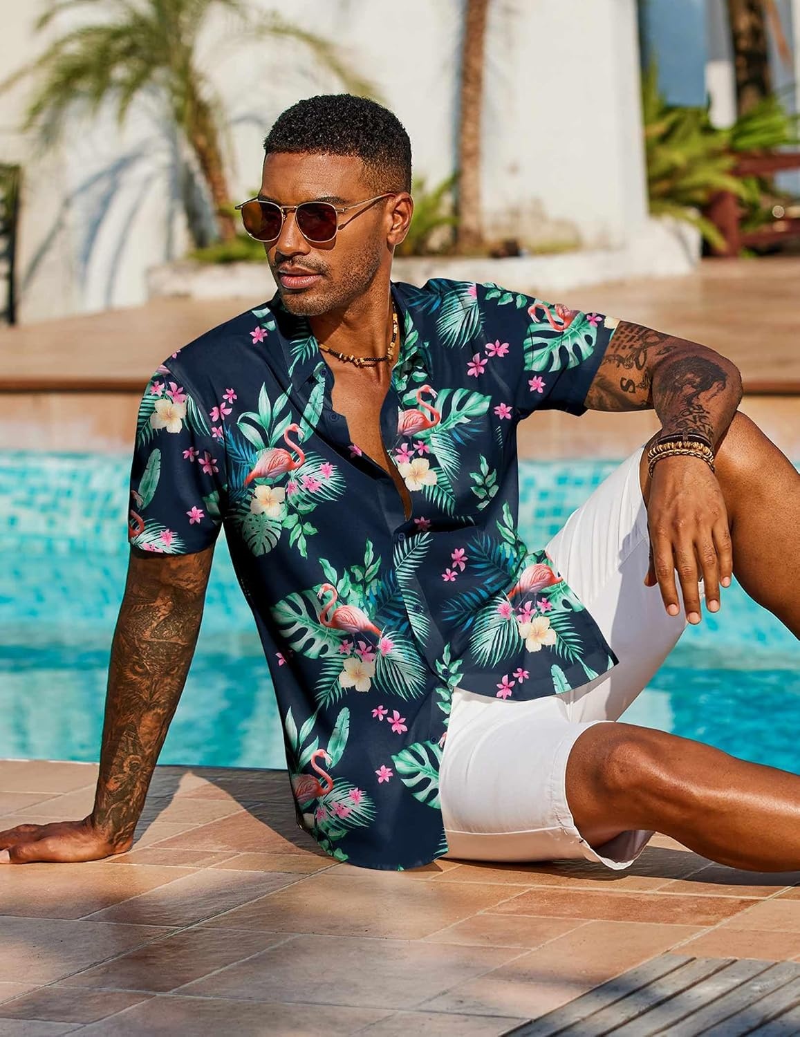 image:imageCOOFANDY Mens Hawaiian Shirt Short Sleeve Summer Button Down Shirts Tropical Vacation Beach Aloha Shirts with PocketNavy Flamingo