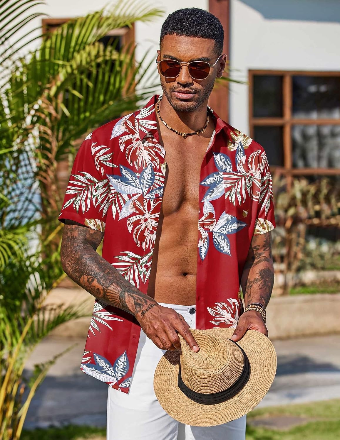 image:imageCOOFANDY Mens Hawaiian Shirt Short Sleeve Summer Button Down Shirts Tropical Vacation Beach Aloha Shirts with PocketRed Tropical Leaf