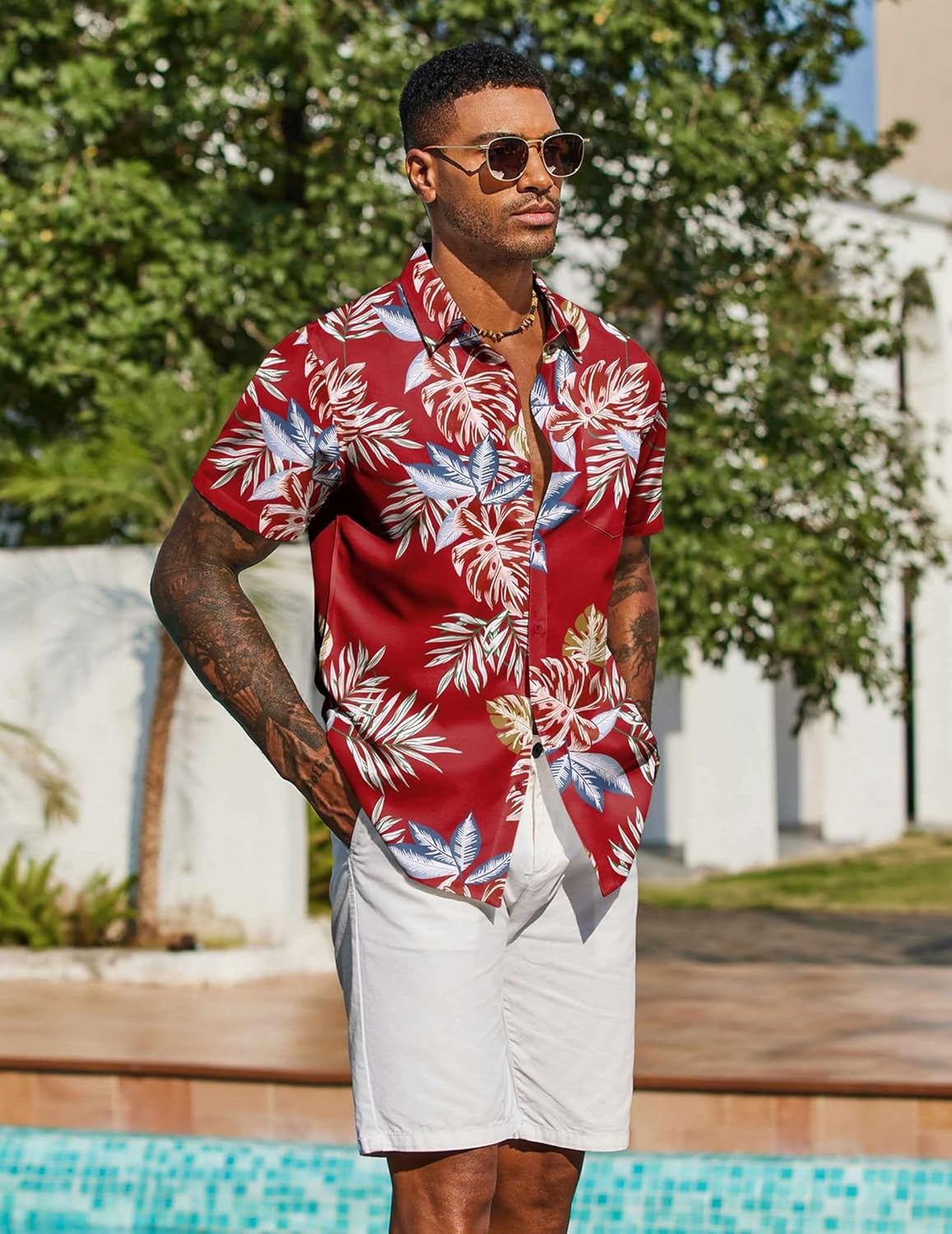 image:imageCOOFANDY Mens Hawaiian Shirt Short Sleeve Summer Button Down Shirts Tropical Vacation Beach Aloha Shirts with PocketRed Tropical Leaf
