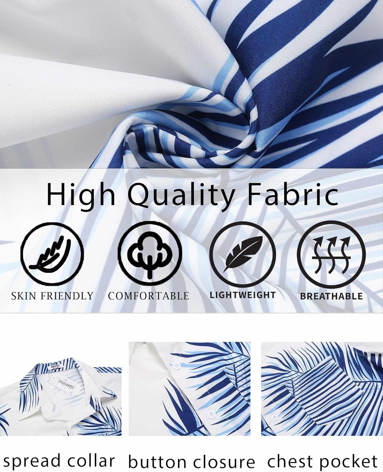 image:imageCOOFANDY Mens Hawaiian Shirt Short Sleeve Summer Button Down Shirts Tropical Vacation Beach Aloha Shirts with PocketWhite Blue Leaf