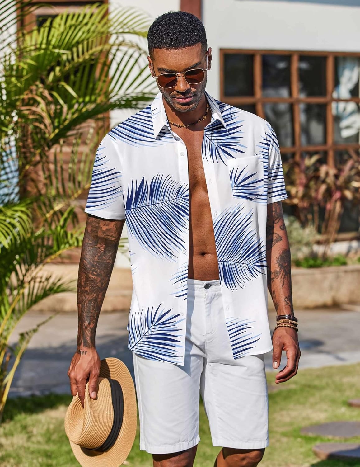 image:imageCOOFANDY Mens Hawaiian Shirt Short Sleeve Summer Button Down Shirts Tropical Vacation Beach Aloha Shirts with PocketWhite Blue Leaf