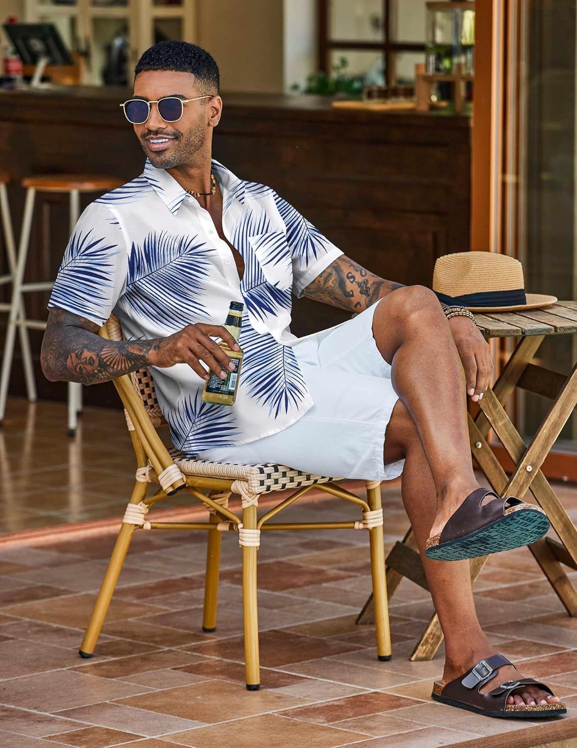 image:imageCOOFANDY Mens Hawaiian Shirt Short Sleeve Summer Button Down Shirts Tropical Vacation Beach Aloha Shirts with PocketWhite Blue Leaf