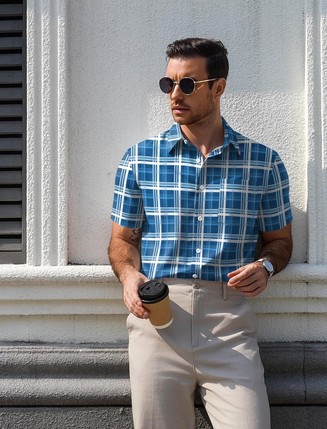 image:imageCOOFANDY Mens Plaid Button Down Shirts Short Sleeve Casual Summer Shirt Wrinkle Free Dress Shirts with Pocket01deep Blue White Plaid