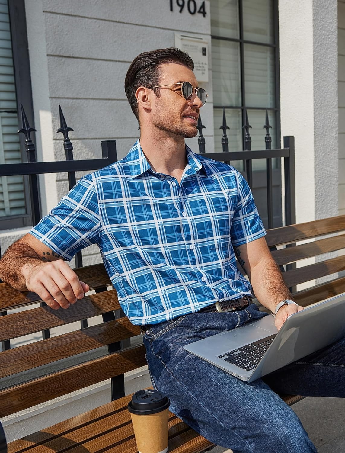 image:imageCOOFANDY Mens Plaid Button Down Shirts Short Sleeve Casual Summer Shirt Wrinkle Free Dress Shirts with Pocket01deep Blue White Plaid