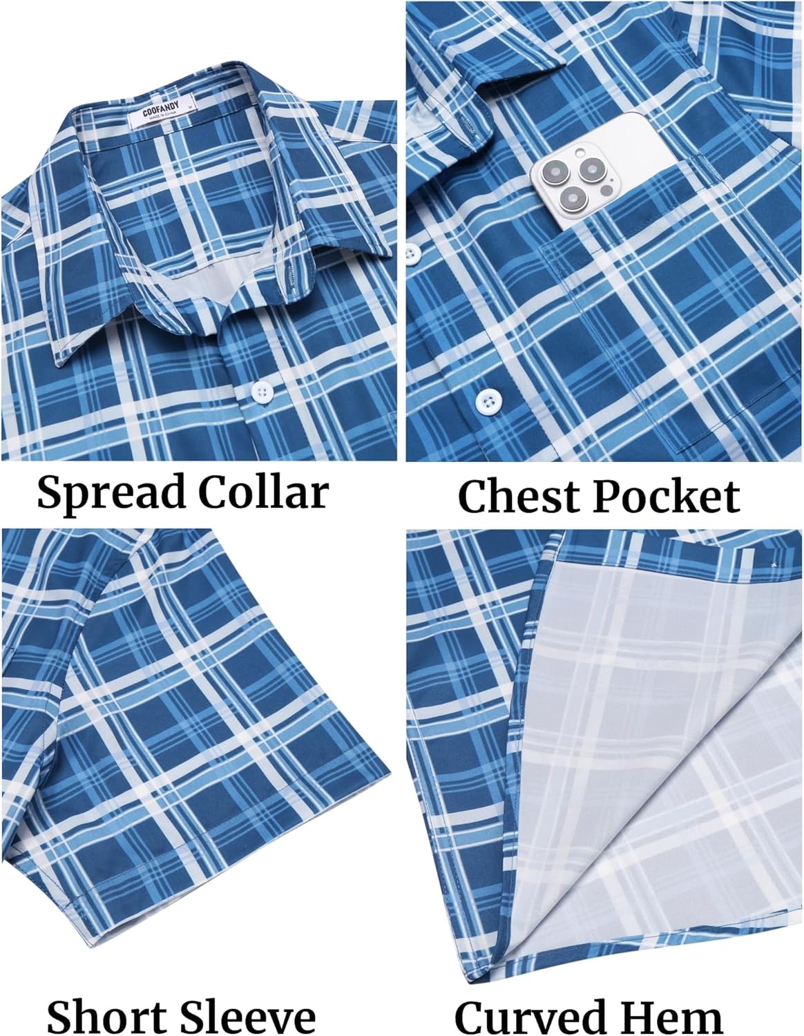 image:imageCOOFANDY Mens Plaid Button Down Shirts Short Sleeve Casual Summer Shirt Wrinkle Free Dress Shirts with Pocket01deep Blue White Plaid