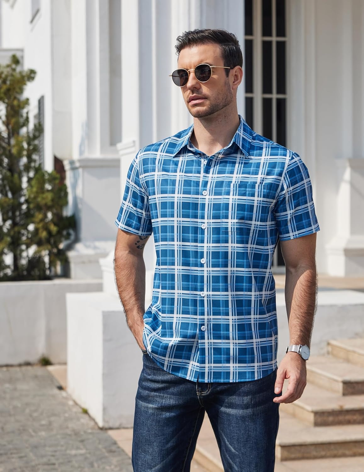 image:imageCOOFANDY Mens Plaid Button Down Shirts Short Sleeve Casual Summer Shirt Wrinkle Free Dress Shirts with Pocket01deep Blue White Plaid