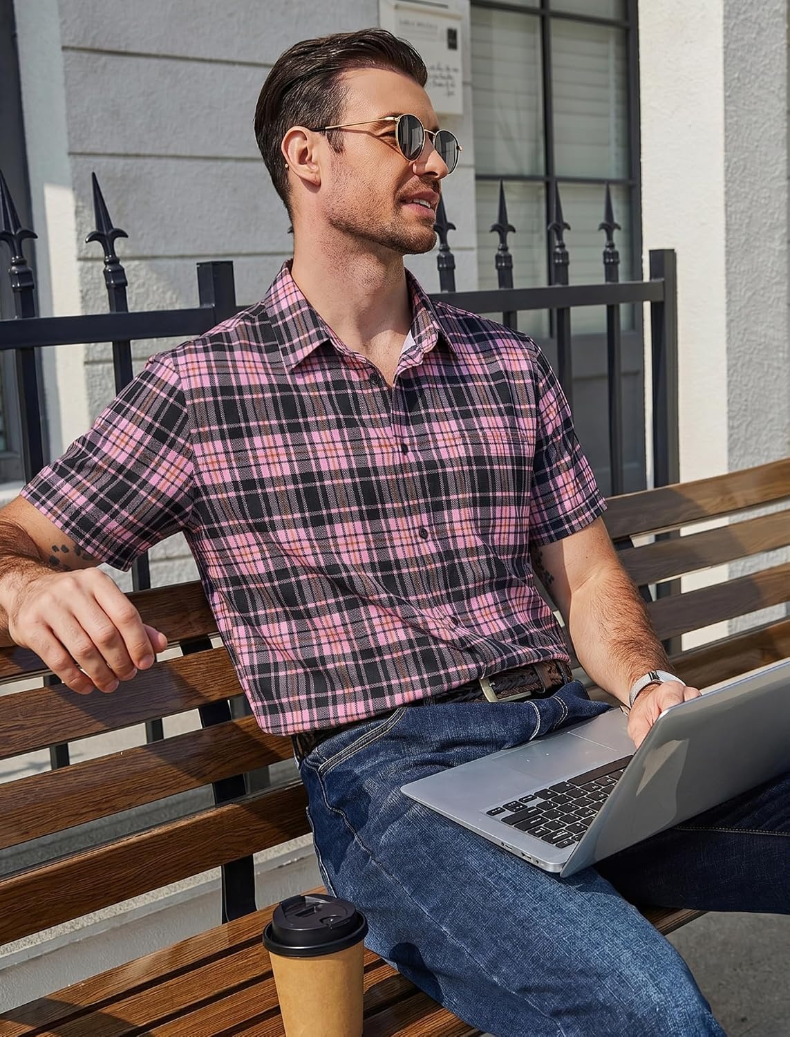 image:imageCOOFANDY Mens Plaid Button Down Shirts Short Sleeve Casual Summer Shirt Wrinkle Free Dress Shirts with PocketBlack Pink Plaid