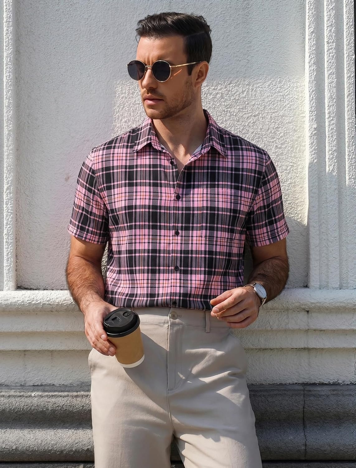 image:imageCOOFANDY Mens Plaid Button Down Shirts Short Sleeve Casual Summer Shirt Wrinkle Free Dress Shirts with PocketBlack Pink Plaid