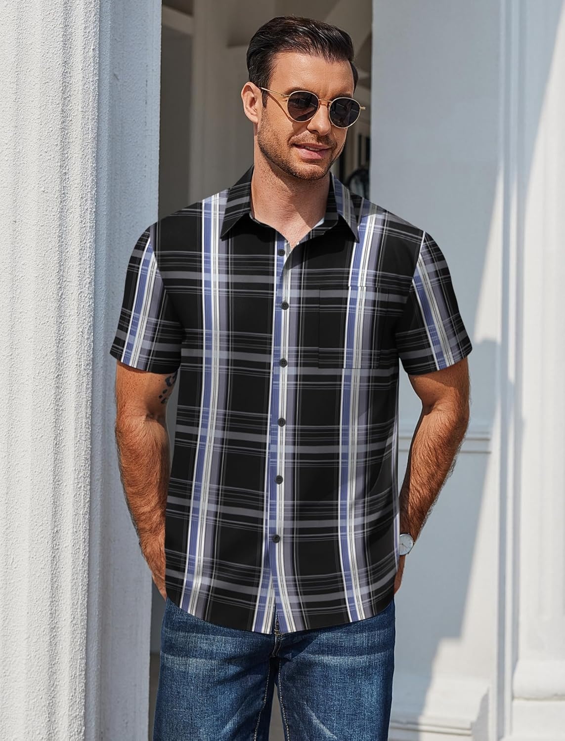 image:imageCOOFANDY Mens Plaid Button Down Shirts Short Sleeve Casual Summer Shirt Wrinkle Free Dress Shirts with PocketBlack Plaid