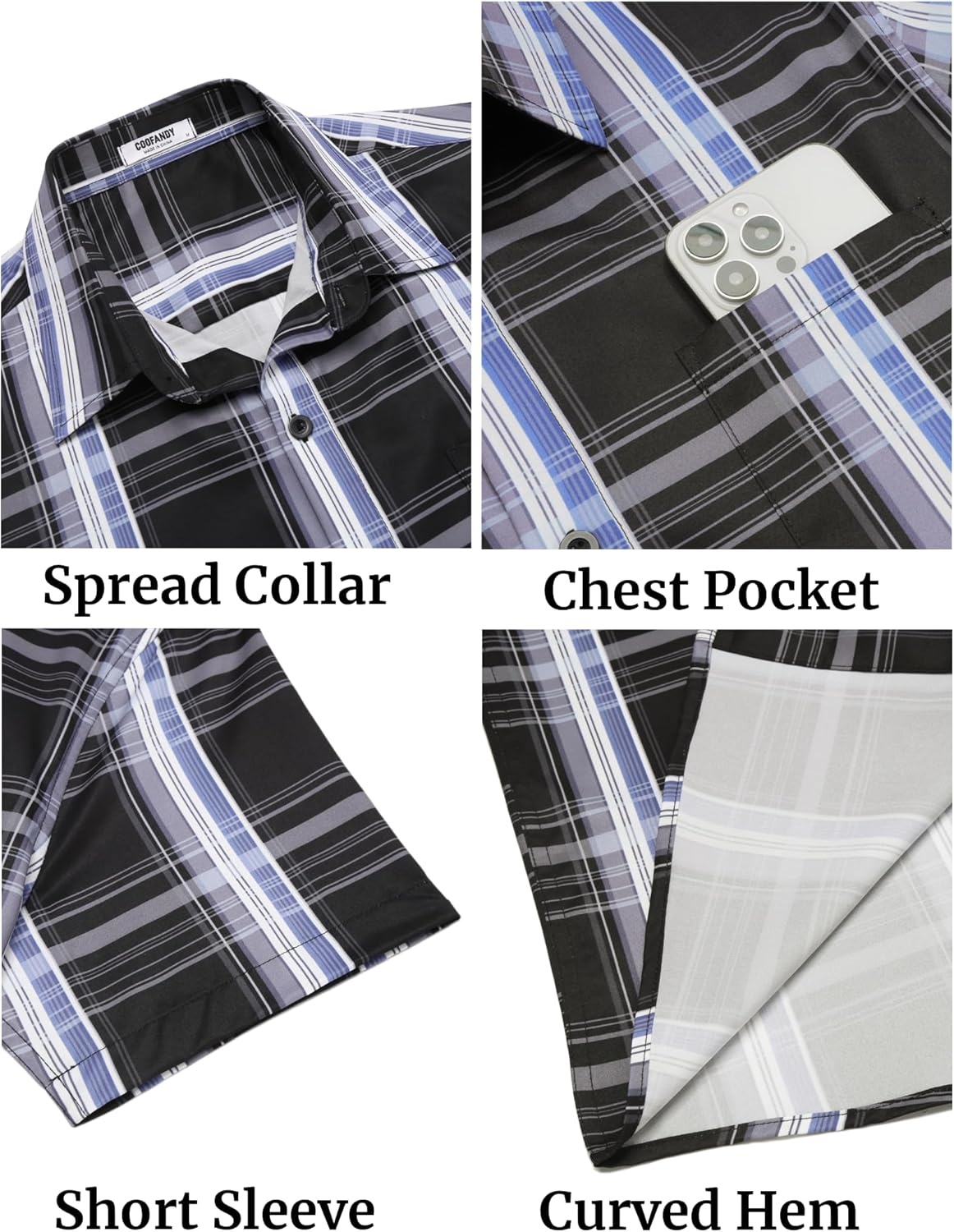 image:imageCOOFANDY Mens Plaid Button Down Shirts Short Sleeve Casual Summer Shirt Wrinkle Free Dress Shirts with PocketBlack Plaid