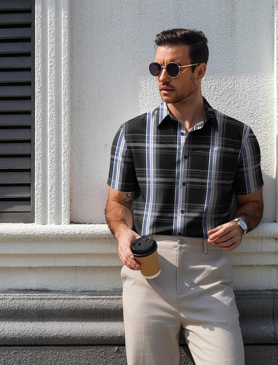 image:imageCOOFANDY Mens Plaid Button Down Shirts Short Sleeve Casual Summer Shirt Wrinkle Free Dress Shirts with PocketBlack Plaid