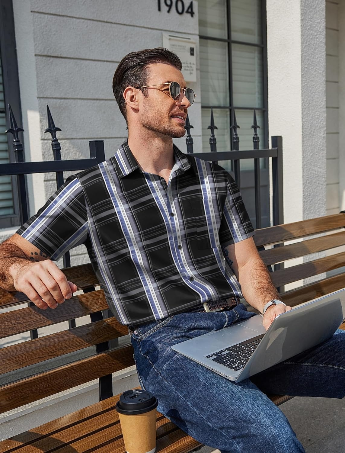 image:imageCOOFANDY Mens Plaid Button Down Shirts Short Sleeve Casual Summer Shirt Wrinkle Free Dress Shirts with PocketBlack Plaid
