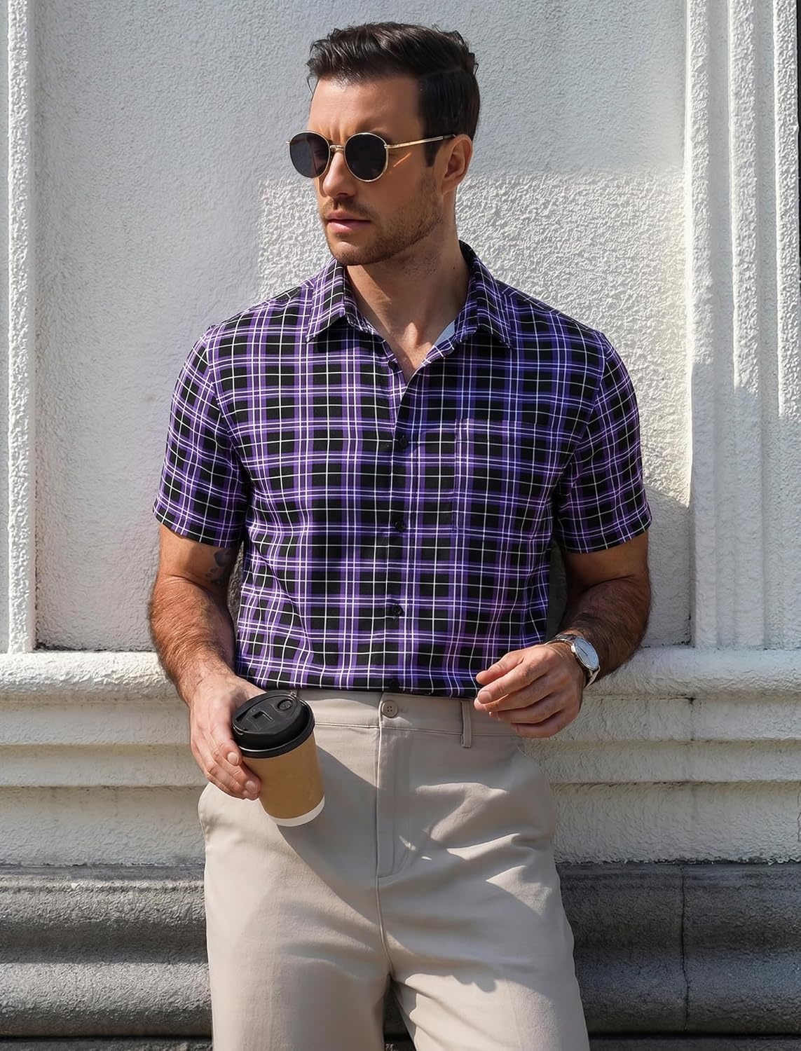 image:imageCOOFANDY Mens Plaid Button Down Shirts Short Sleeve Casual Summer Shirt Wrinkle Free Dress Shirts with PocketBlack Purple Pliad