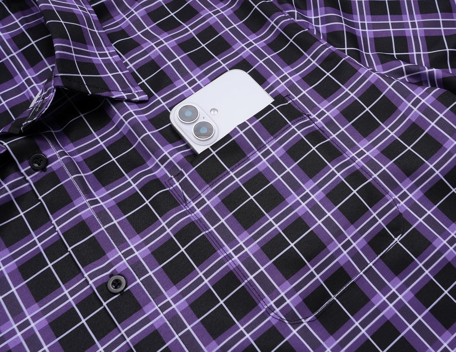 image:imageCOOFANDY Mens Plaid Button Down Shirts Short Sleeve Casual Summer Shirt Wrinkle Free Dress Shirts with PocketBlack Purple Pliad