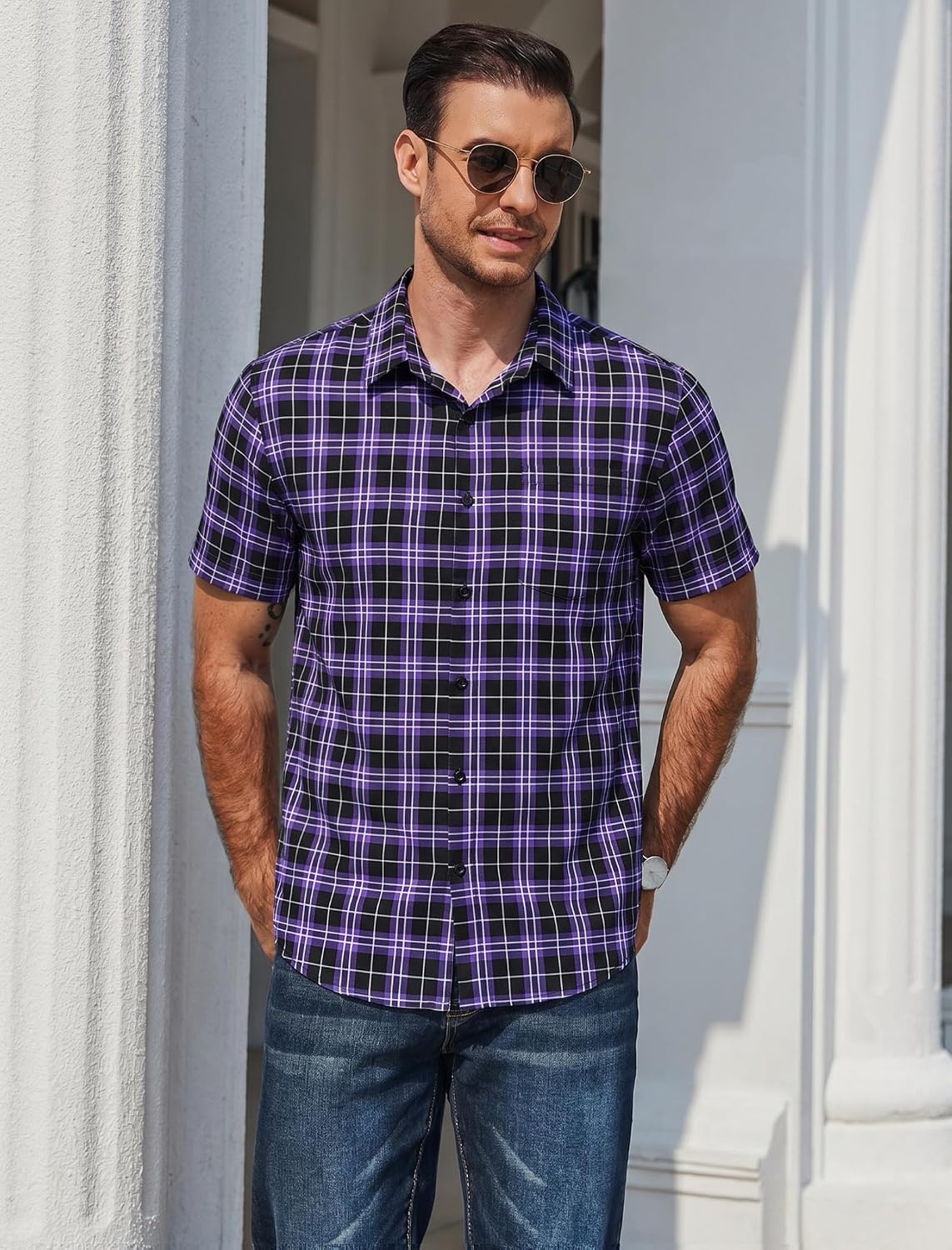 image:imageCOOFANDY Mens Plaid Button Down Shirts Short Sleeve Casual Summer Shirt Wrinkle Free Dress Shirts with PocketBlack Purple Pliad