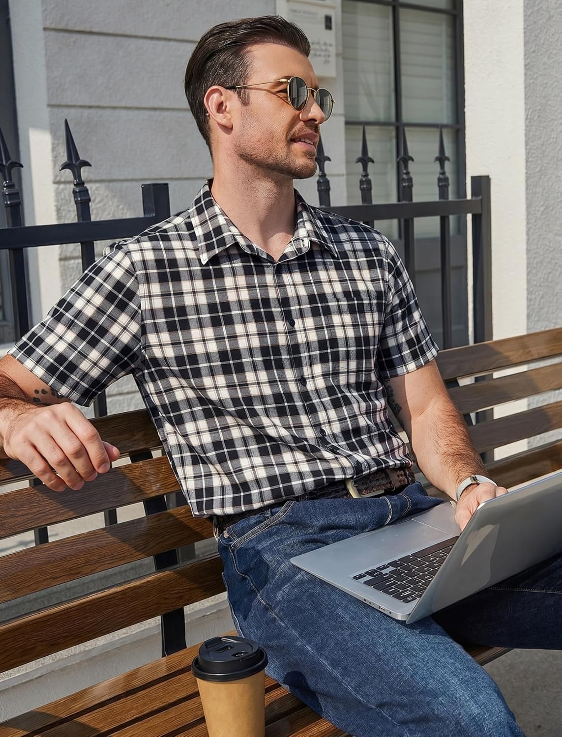image:imageCOOFANDY Mens Plaid Button Down Shirts Short Sleeve Casual Summer Shirt Wrinkle Free Dress Shirts with PocketBlack White Khaki Plaid