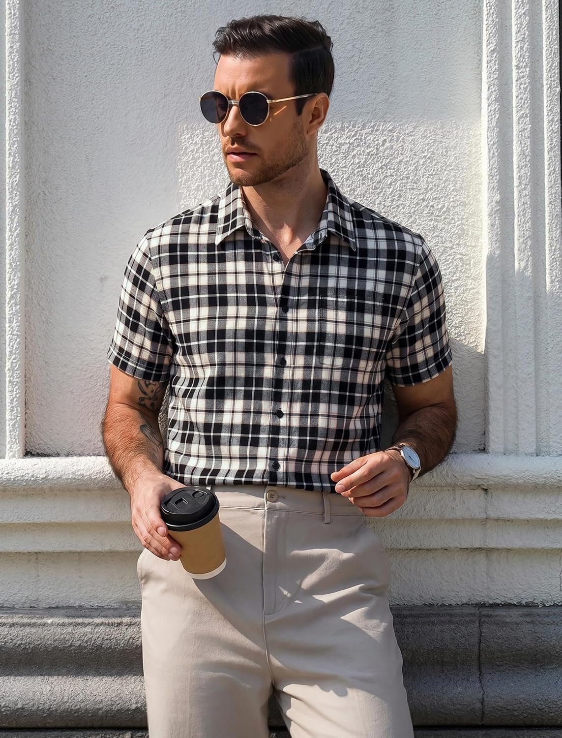 image:imageCOOFANDY Mens Plaid Button Down Shirts Short Sleeve Casual Summer Shirt Wrinkle Free Dress Shirts with PocketBlack White Khaki Plaid