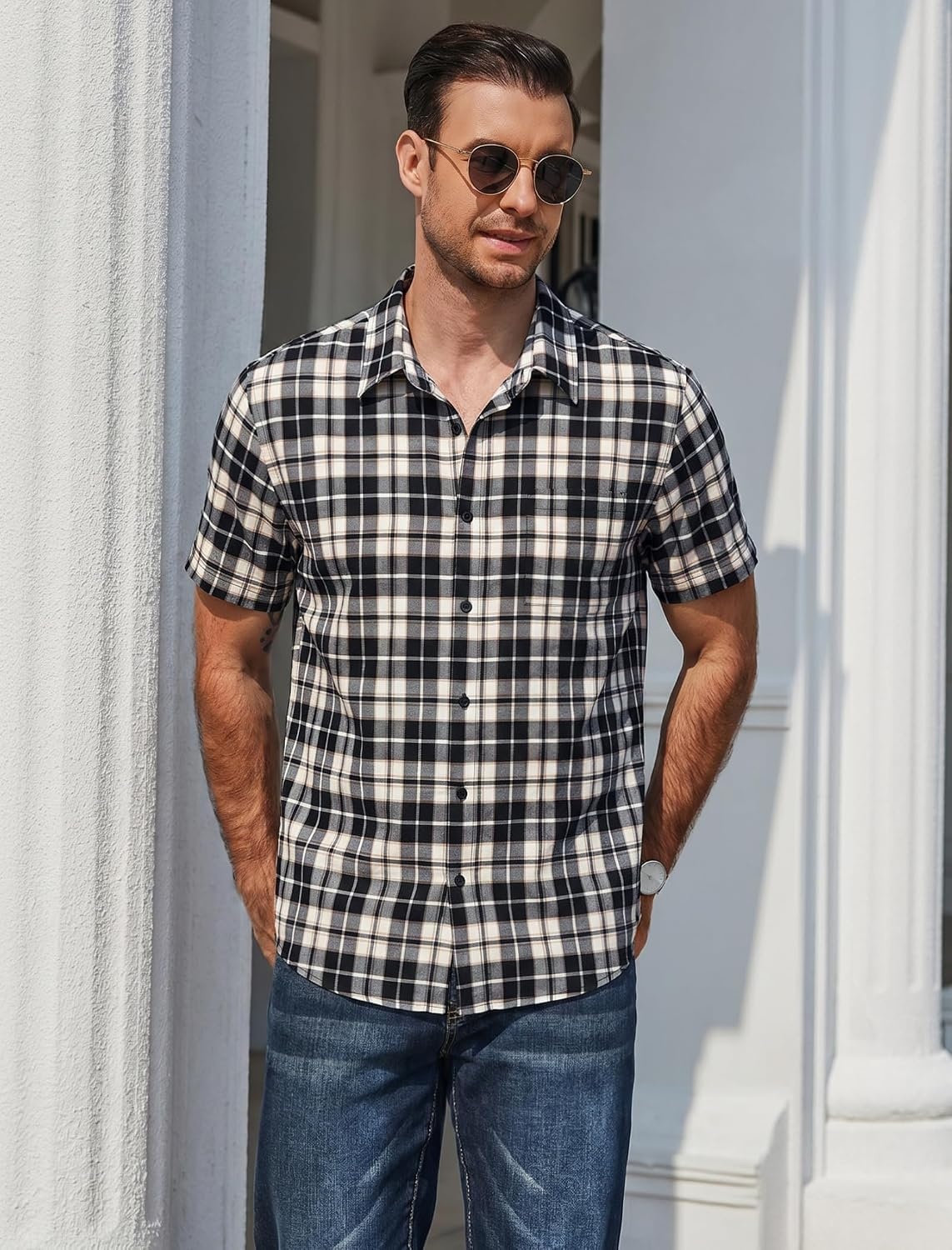 image:imageCOOFANDY Mens Plaid Button Down Shirts Short Sleeve Casual Summer Shirt Wrinkle Free Dress Shirts with PocketBlack White Khaki Plaid