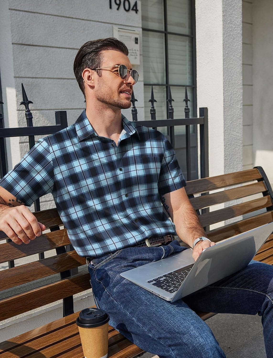 image:imageCOOFANDY Mens Plaid Button Down Shirts Short Sleeve Casual Summer Shirt Wrinkle Free Dress Shirts with PocketBlue Black Check