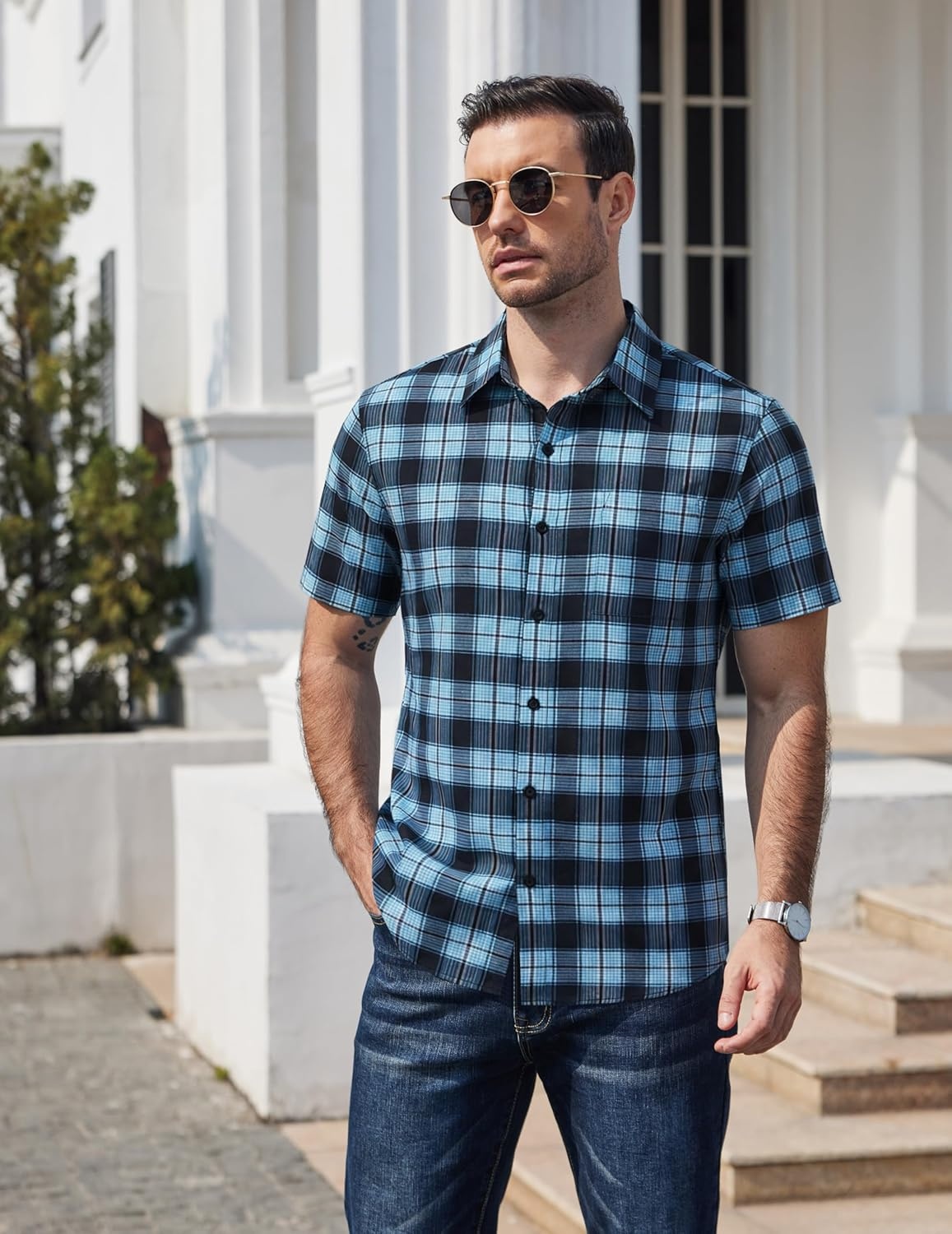 image:imageCOOFANDY Mens Plaid Button Down Shirts Short Sleeve Casual Summer Shirt Wrinkle Free Dress Shirts with PocketBlue Black Check