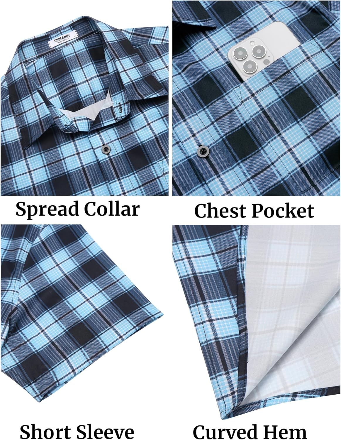 image:imageCOOFANDY Mens Plaid Button Down Shirts Short Sleeve Casual Summer Shirt Wrinkle Free Dress Shirts with PocketBlue Black Check