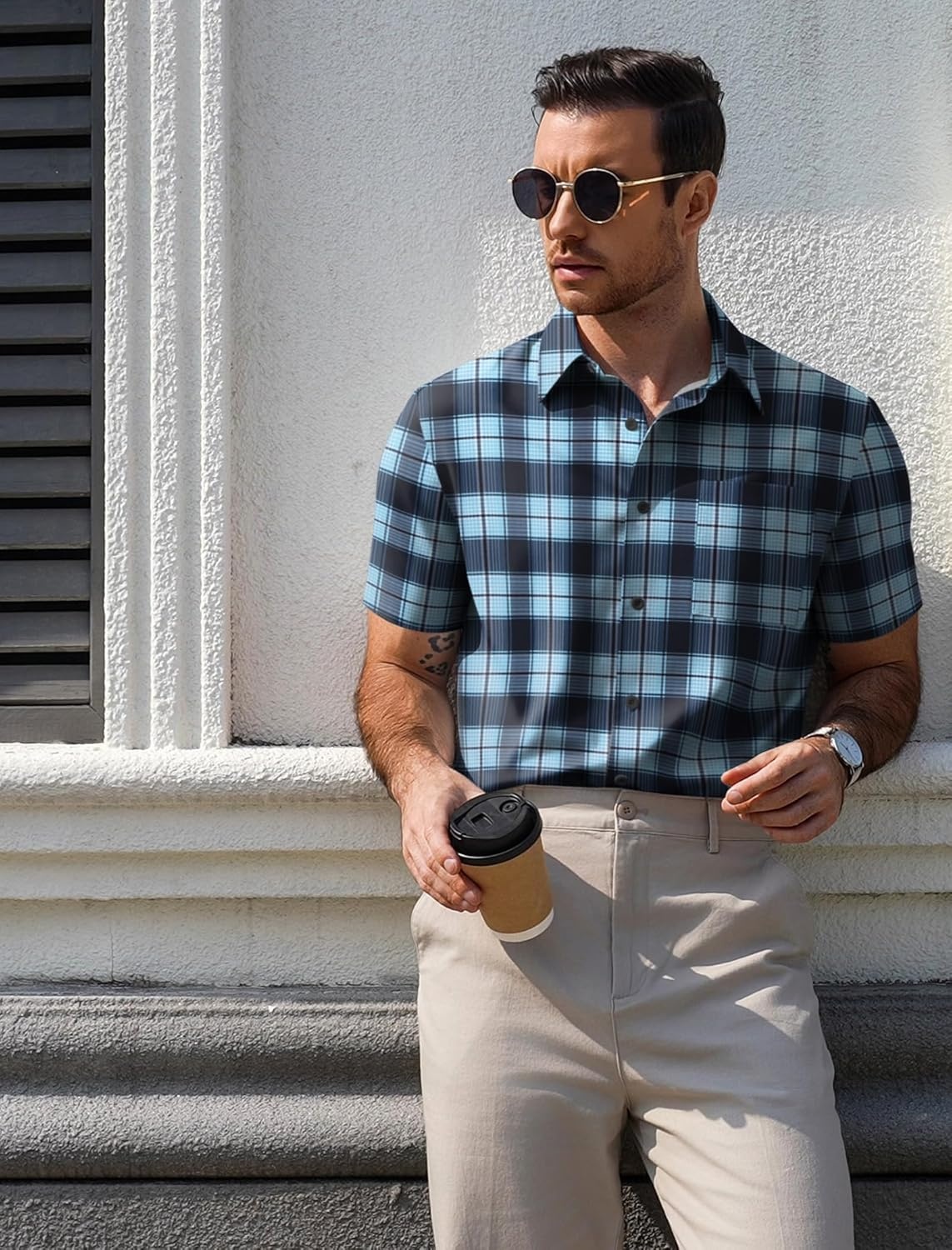 image:imageCOOFANDY Mens Plaid Button Down Shirts Short Sleeve Casual Summer Shirt Wrinkle Free Dress Shirts with PocketBlue Black Check