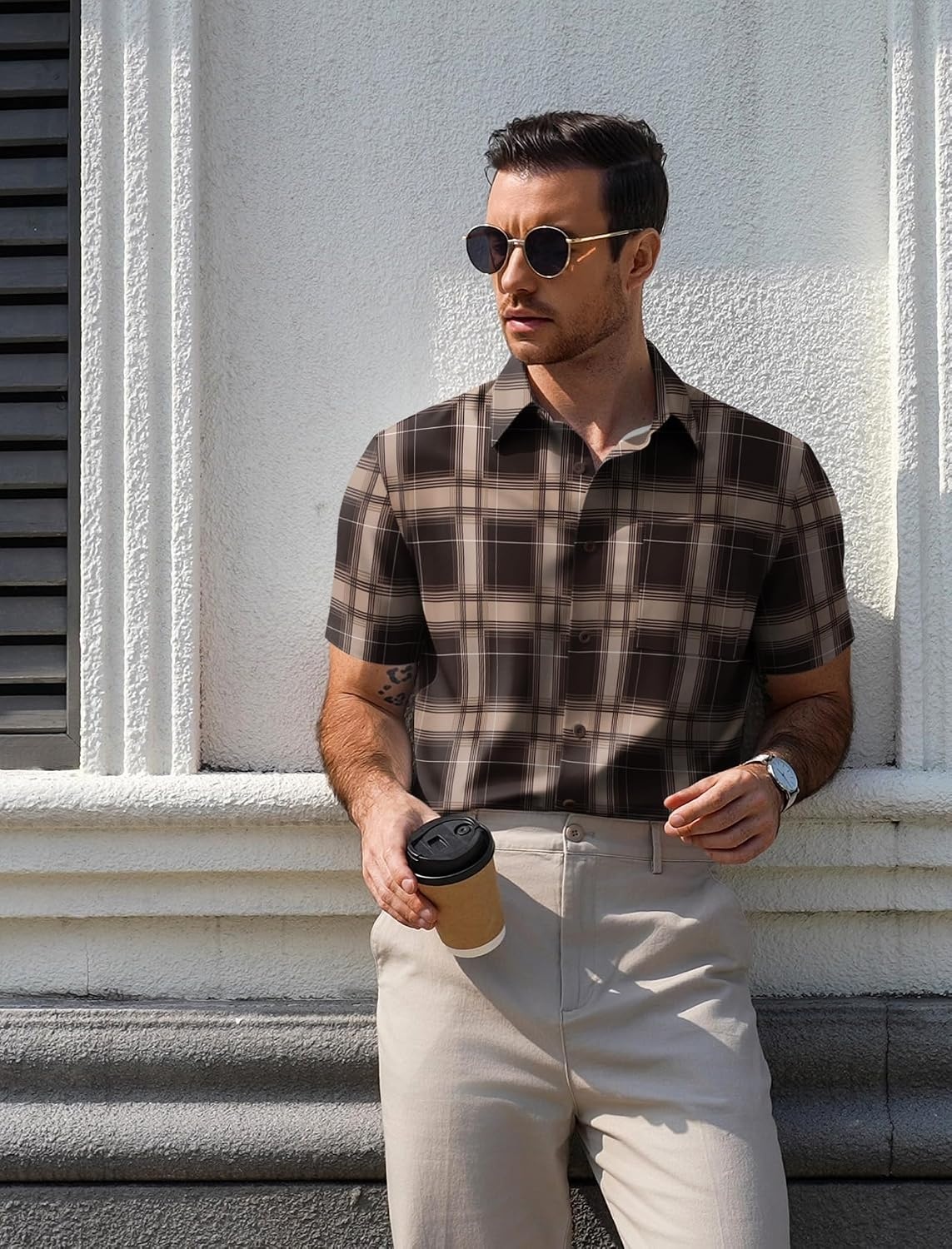image:imageCOOFANDY Mens Plaid Button Down Shirts Short Sleeve Casual Summer Shirt Wrinkle Free Dress Shirts with PocketBrown Khaki Plaid