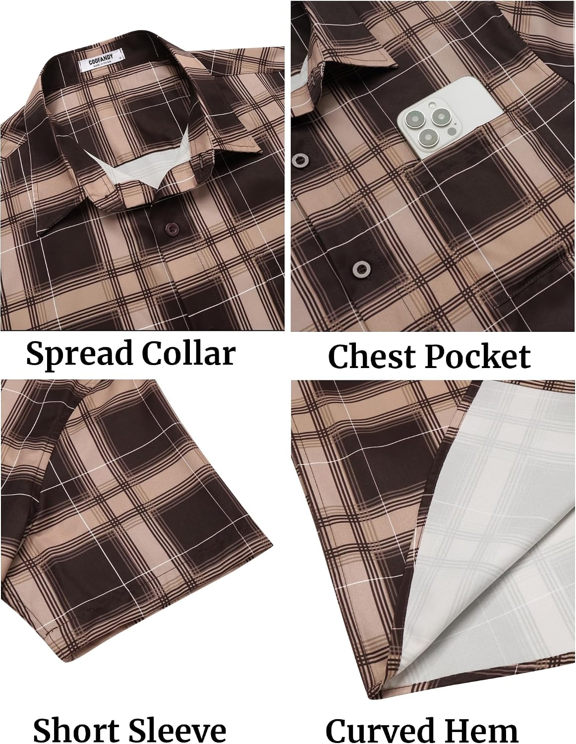 image:imageCOOFANDY Mens Plaid Button Down Shirts Short Sleeve Casual Summer Shirt Wrinkle Free Dress Shirts with PocketBrown Khaki Plaid