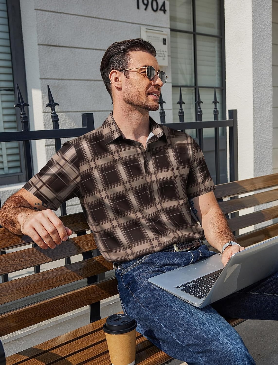 image:imageCOOFANDY Mens Plaid Button Down Shirts Short Sleeve Casual Summer Shirt Wrinkle Free Dress Shirts with PocketBrown Khaki Plaid