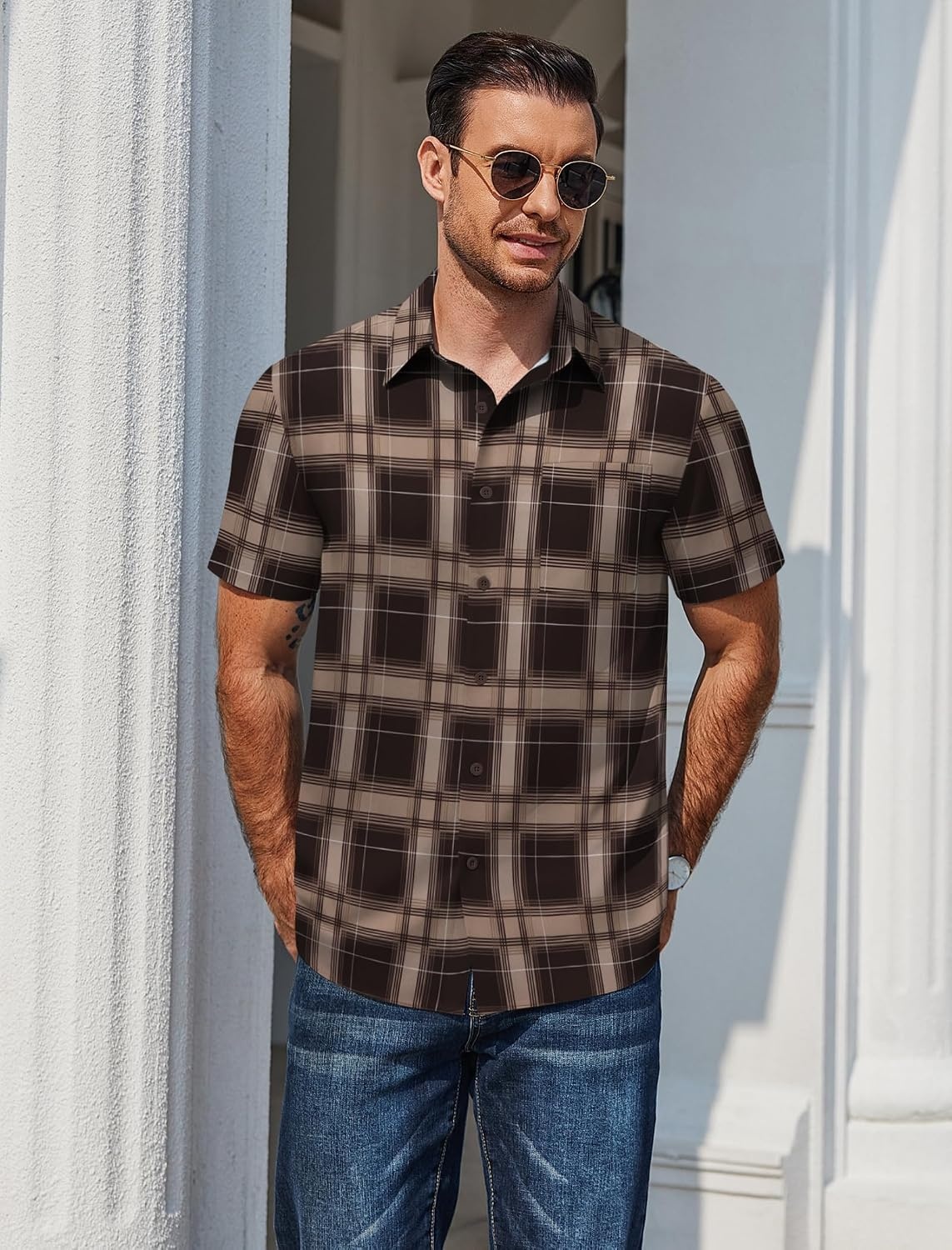 image:imageCOOFANDY Mens Plaid Button Down Shirts Short Sleeve Casual Summer Shirt Wrinkle Free Dress Shirts with PocketBrown Khaki Plaid