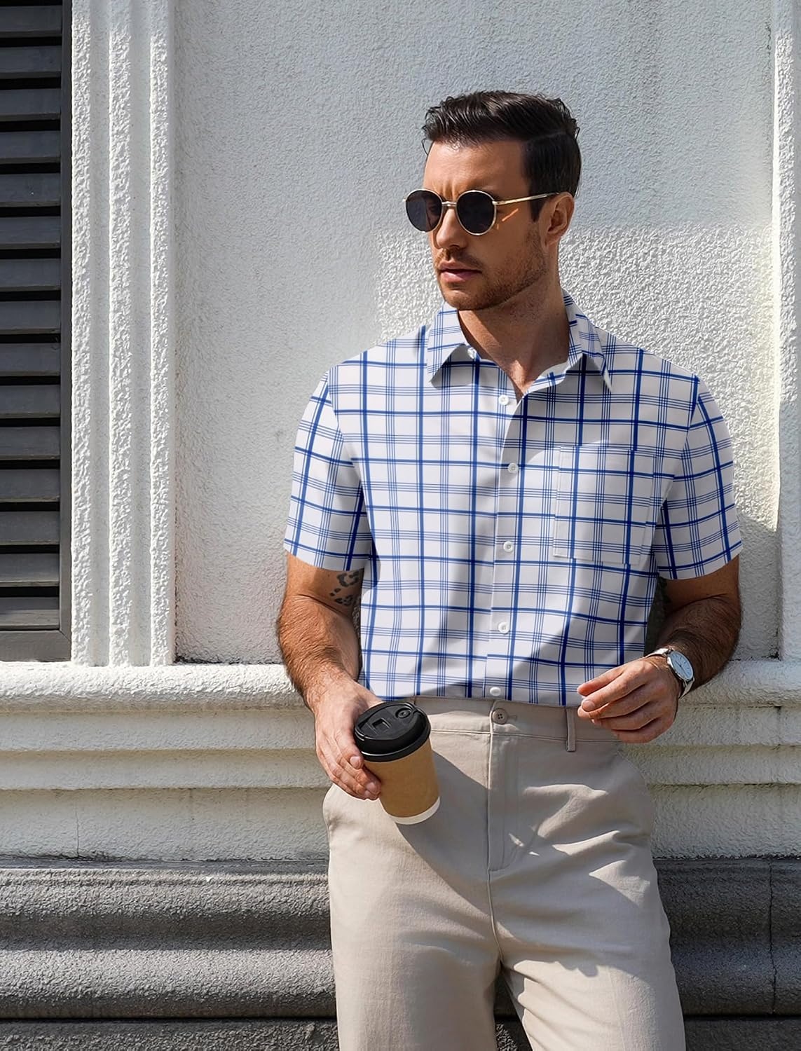 image:imageCOOFANDY Mens Plaid Button Down Shirts Short Sleeve Casual Summer Shirt Wrinkle Free Dress Shirts with PocketDark Blue White Plaid
