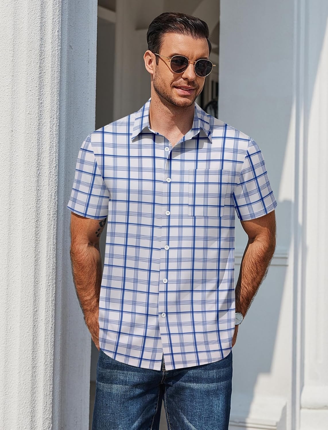 image:imageCOOFANDY Mens Plaid Button Down Shirts Short Sleeve Casual Summer Shirt Wrinkle Free Dress Shirts with PocketDark Blue White Plaid