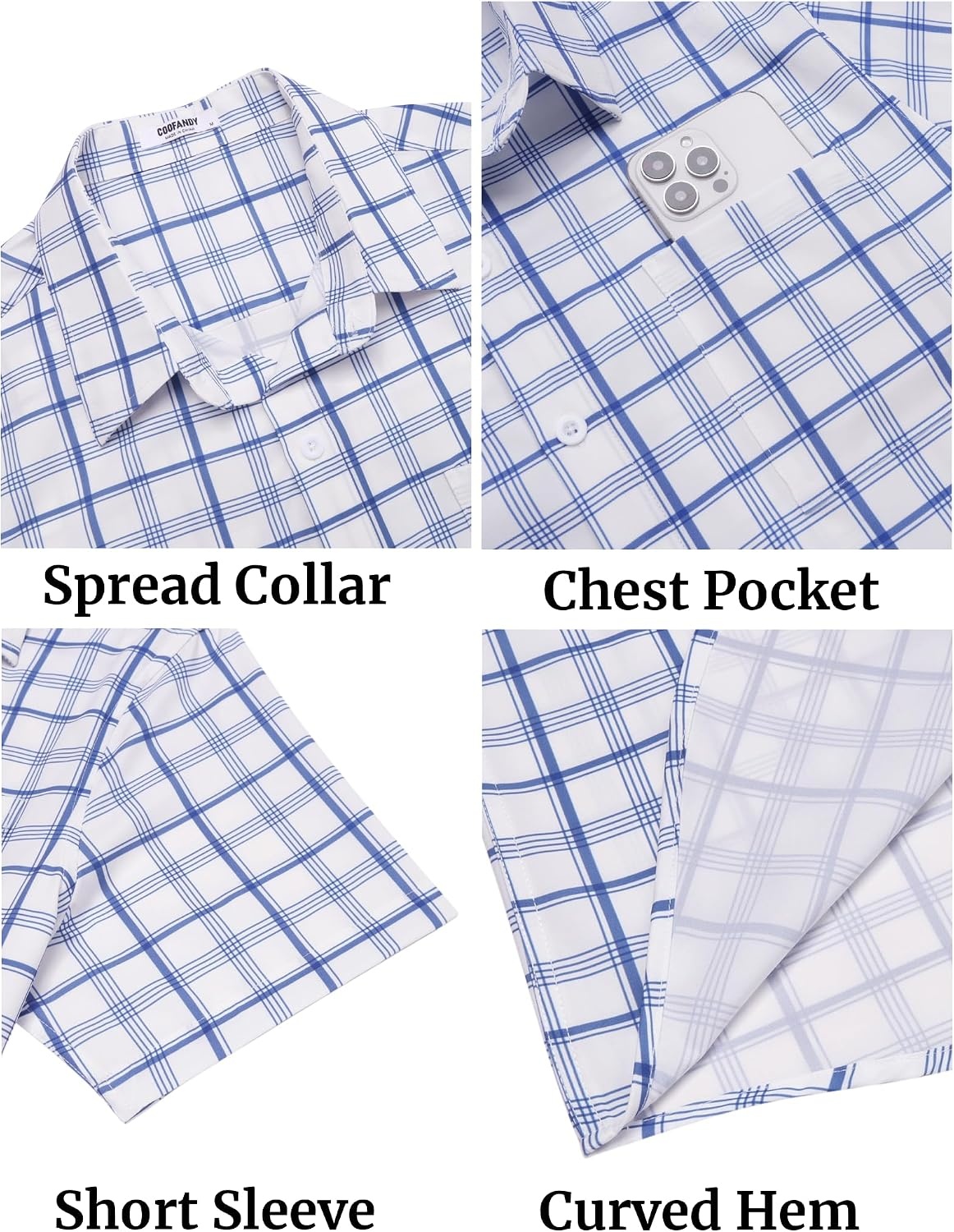 image:imageCOOFANDY Mens Plaid Button Down Shirts Short Sleeve Casual Summer Shirt Wrinkle Free Dress Shirts with PocketDark Blue White Plaid
