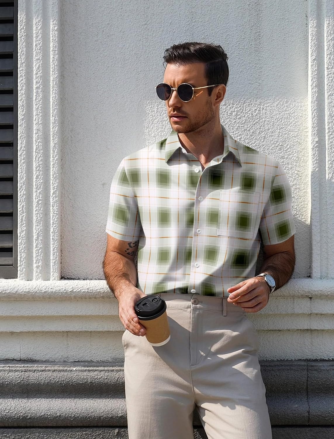image:imageCOOFANDY Mens Plaid Button Down Shirts Short Sleeve Casual Summer Shirt Wrinkle Free Dress Shirts with PocketGreen Plaid