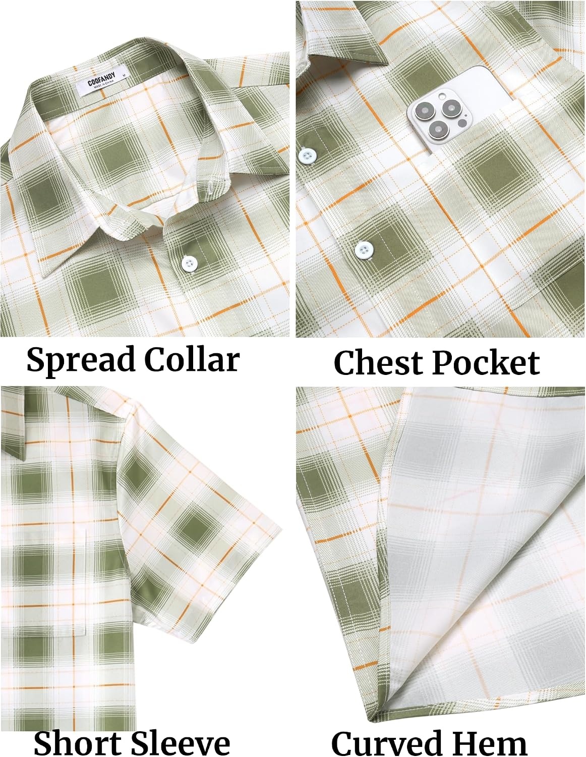 image:imageCOOFANDY Mens Plaid Button Down Shirts Short Sleeve Casual Summer Shirt Wrinkle Free Dress Shirts with PocketGreen Plaid