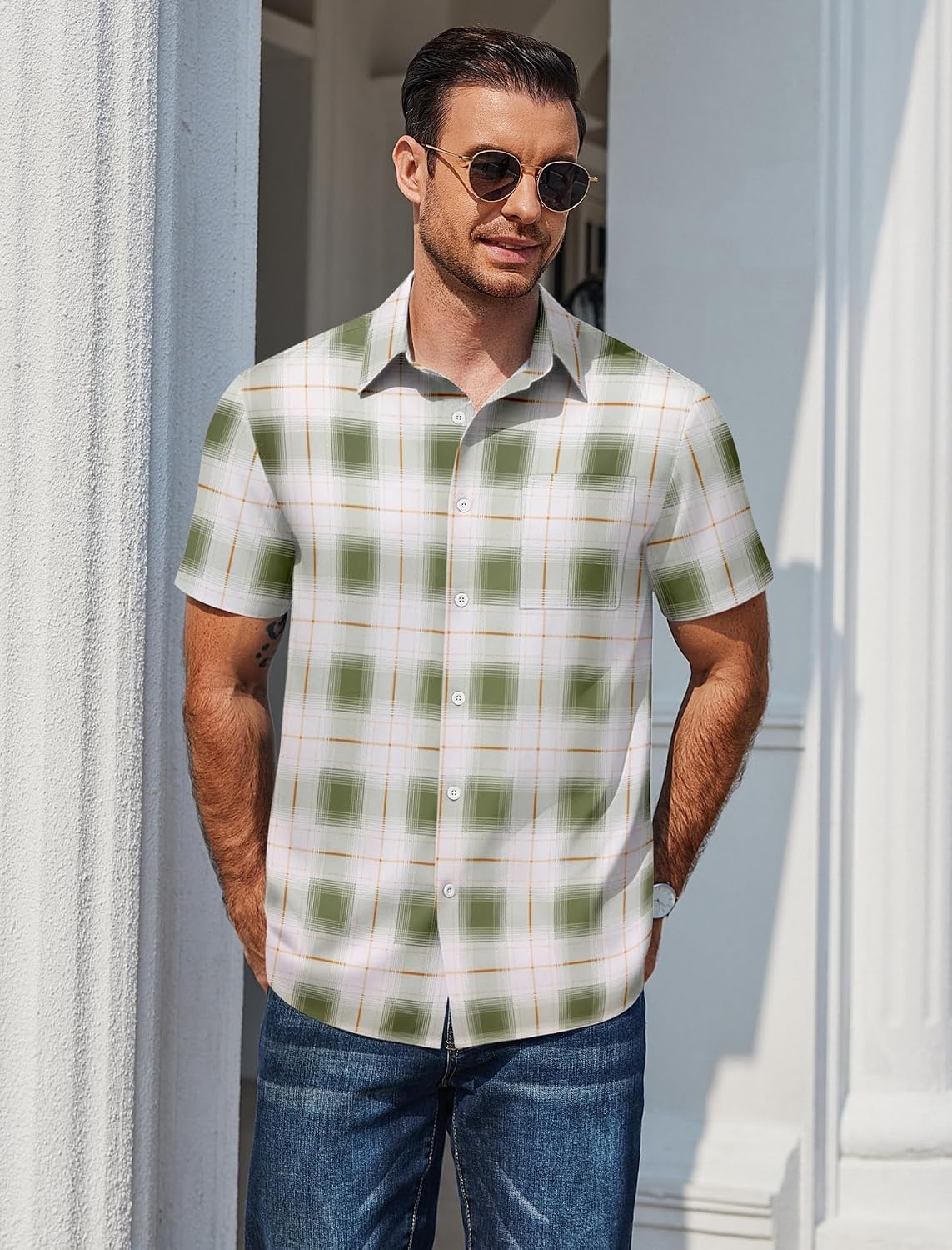 image:imageCOOFANDY Mens Plaid Button Down Shirts Short Sleeve Casual Summer Shirt Wrinkle Free Dress Shirts with PocketGreen Plaid