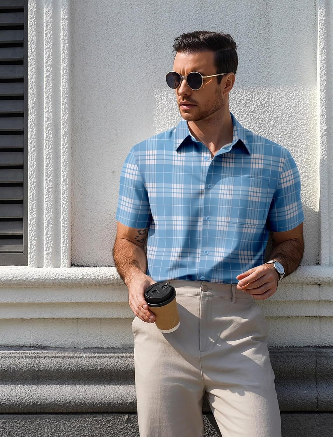 image:imageCOOFANDY Mens Plaid Button Down Shirts Short Sleeve Casual Summer Shirt Wrinkle Free Dress Shirts with PocketLight Blue White Plaid