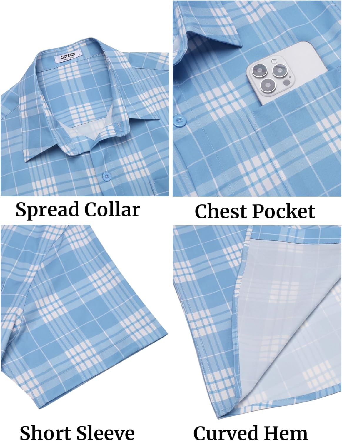 image:imageCOOFANDY Mens Plaid Button Down Shirts Short Sleeve Casual Summer Shirt Wrinkle Free Dress Shirts with PocketLight Blue White Plaid