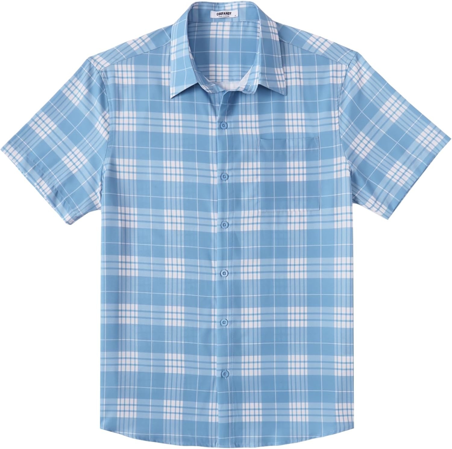 image:imageCOOFANDY Mens Plaid Button Down Shirts Short Sleeve Casual Summer Shirt Wrinkle Free Dress Shirts with PocketLight Blue White Plaid