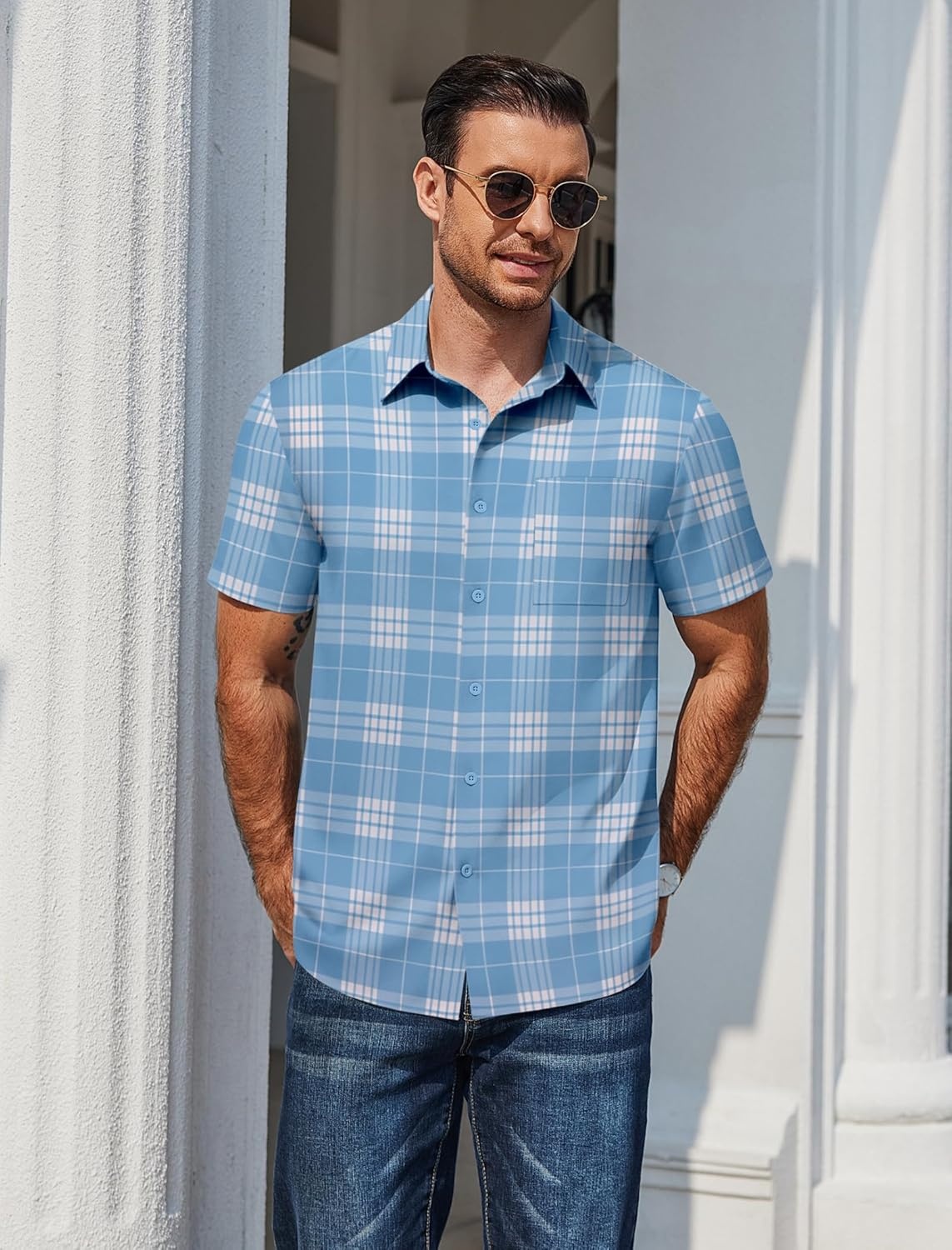 image:imageCOOFANDY Mens Plaid Button Down Shirts Short Sleeve Casual Summer Shirt Wrinkle Free Dress Shirts with PocketLight Blue White Plaid