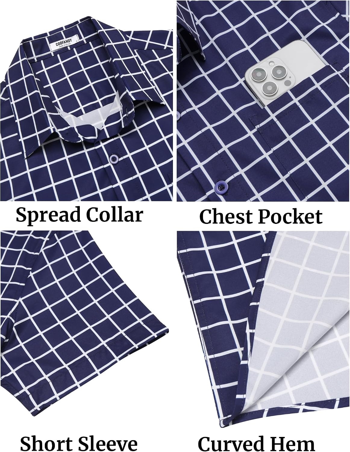 image:imageCOOFANDY Mens Plaid Button Down Shirts Short Sleeve Casual Summer Shirt Wrinkle Free Dress Shirts with PocketNavy Blue Plaid