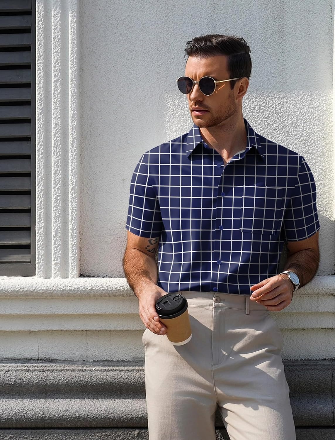 image:imageCOOFANDY Mens Plaid Button Down Shirts Short Sleeve Casual Summer Shirt Wrinkle Free Dress Shirts with PocketNavy Blue Plaid