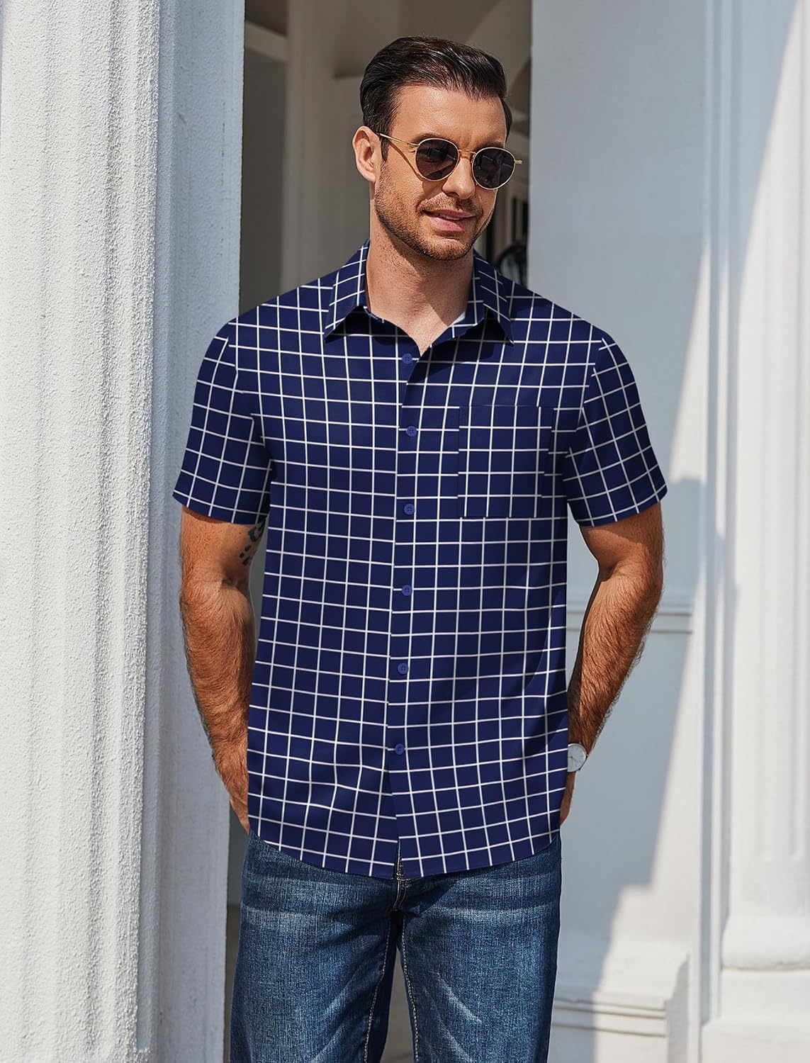 image:imageCOOFANDY Mens Plaid Button Down Shirts Short Sleeve Casual Summer Shirt Wrinkle Free Dress Shirts with PocketNavy Blue Plaid