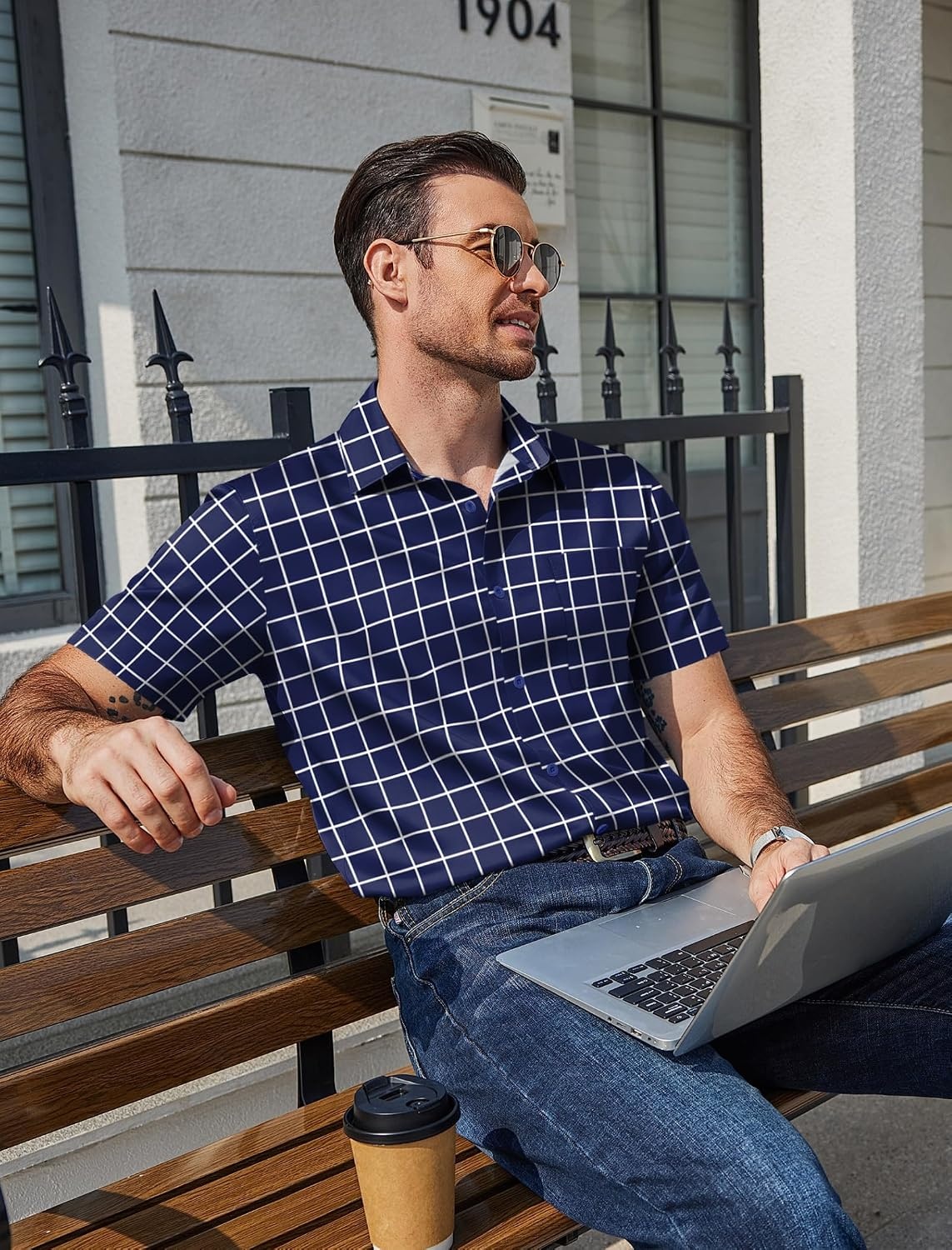 image:imageCOOFANDY Mens Plaid Button Down Shirts Short Sleeve Casual Summer Shirt Wrinkle Free Dress Shirts with PocketNavy Blue Plaid