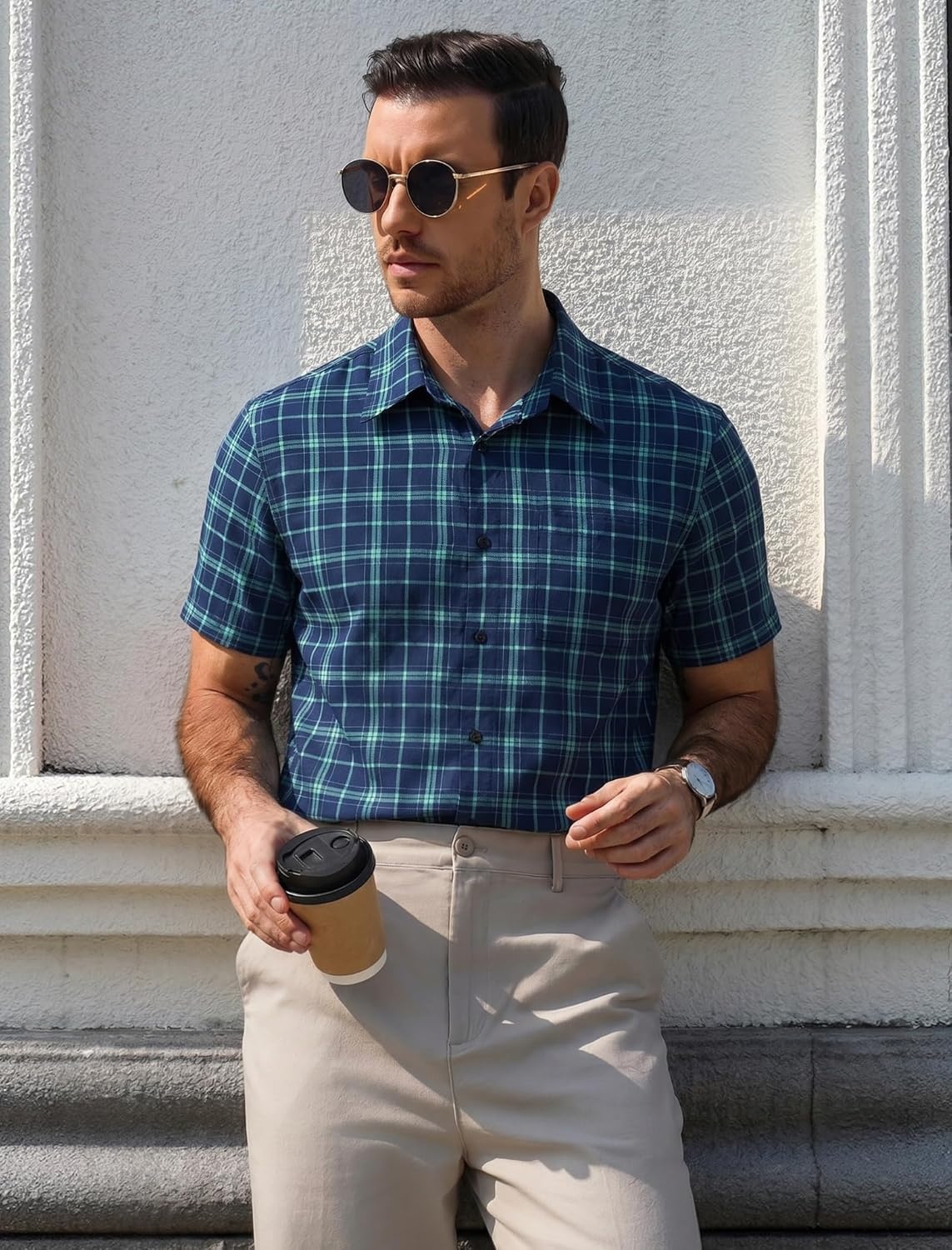 image:imageCOOFANDY Mens Plaid Button Down Shirts Short Sleeve Casual Summer Shirt Wrinkle Free Dress Shirts with PocketNavy and Green Plaid