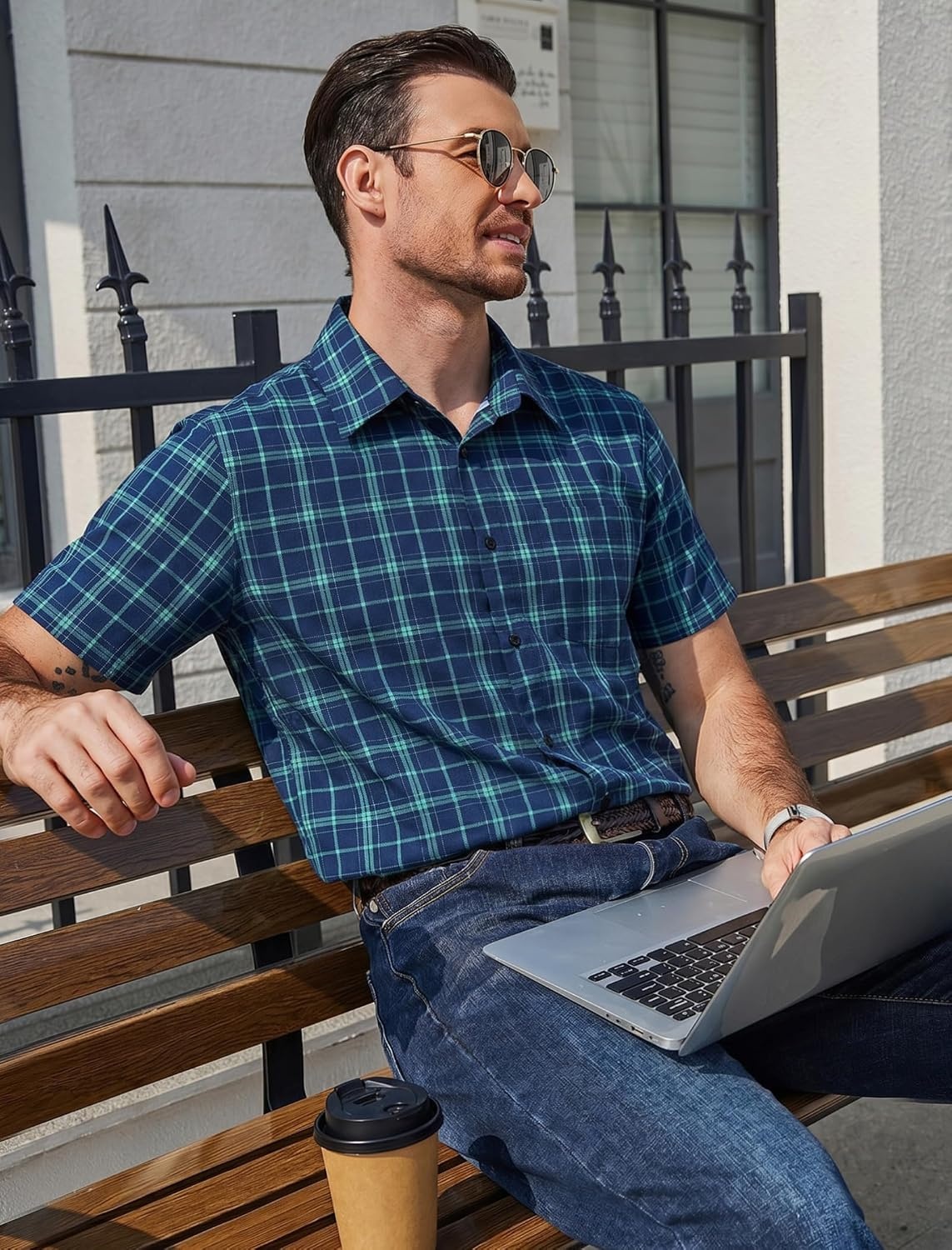 image:imageCOOFANDY Mens Plaid Button Down Shirts Short Sleeve Casual Summer Shirt Wrinkle Free Dress Shirts with PocketNavy and Green Plaid